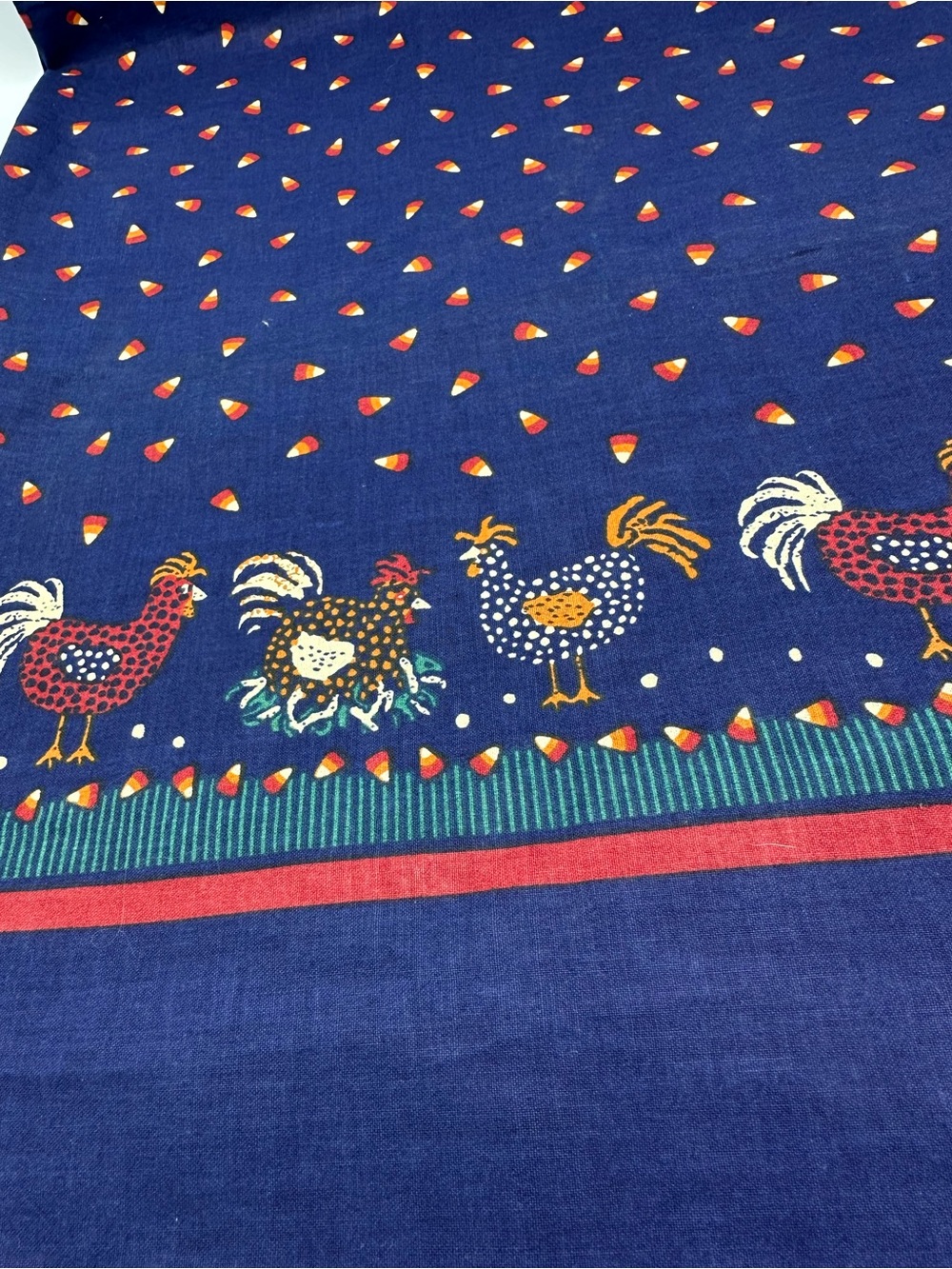 Vtg 1997 Rooster Hen Border Fabric Blue 1 yd x 44" Cottage Core Farm House